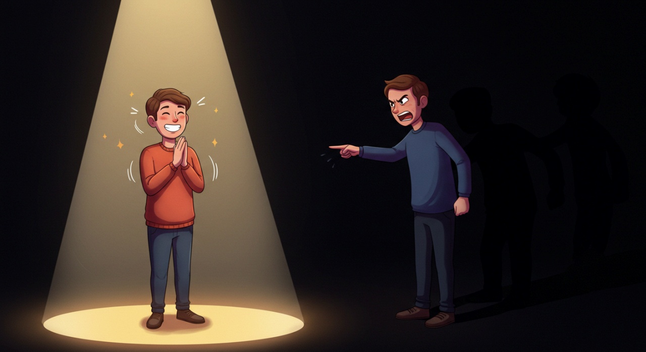 스포트라이트를 받으며 자축하는 남자와 옆에서 손가락질 하는 남자