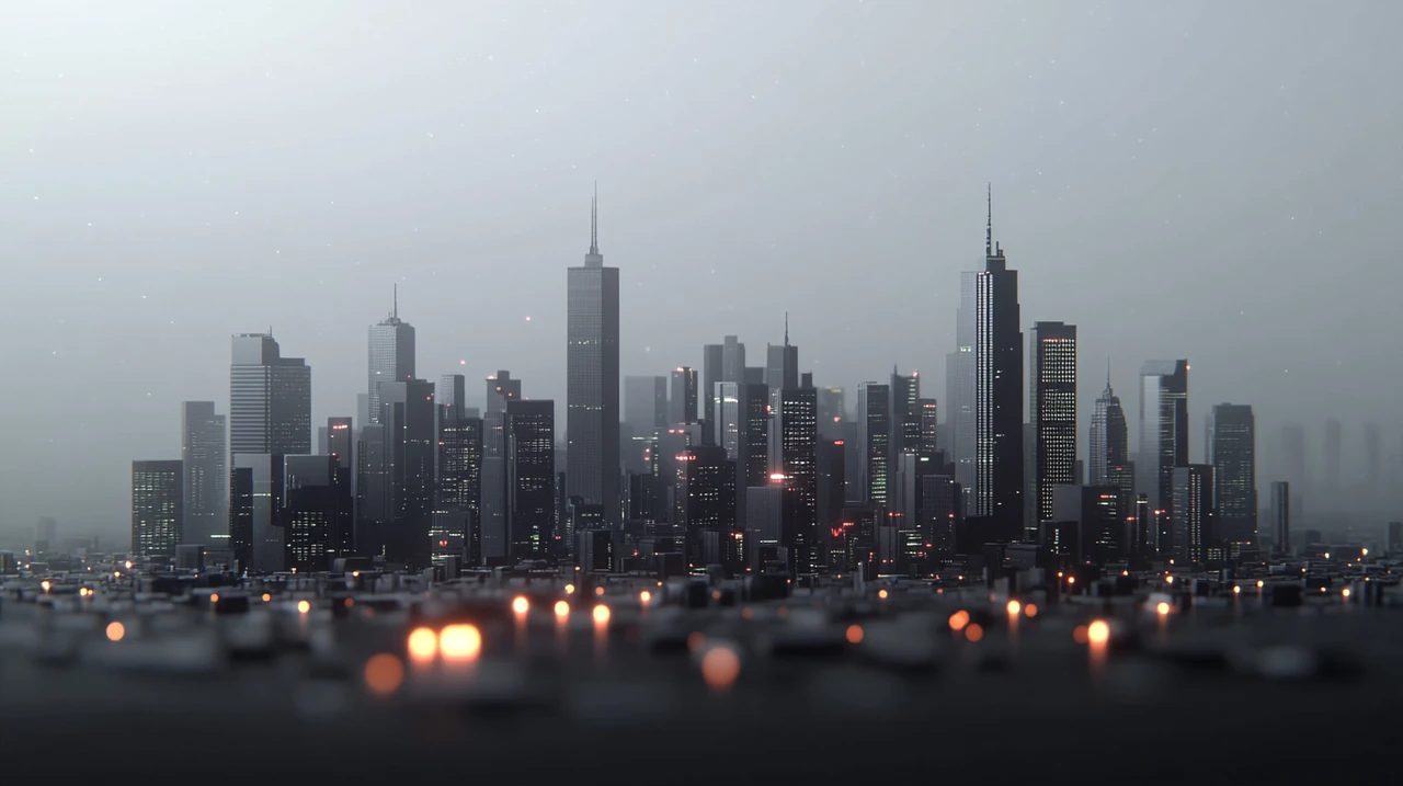 기술 주식의 성장 가능성과 변동성이 표현된 미래 도시의 모습으로, 발상의 신선함과 빠른 시장 변화를 나타내며 기회와 위험의 분위기를 조성합니다.