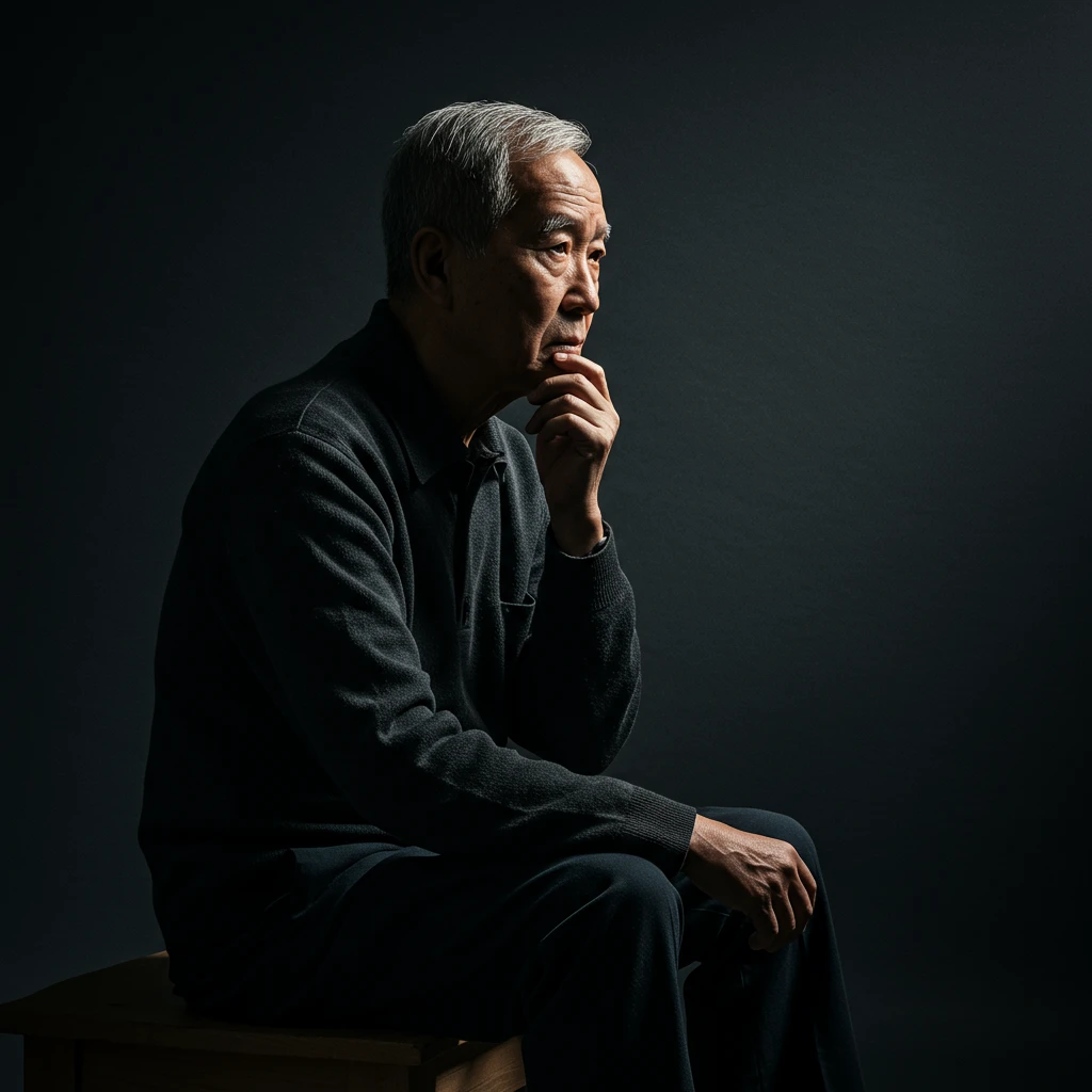 생각에 잠긴 동양인 노인 남성이 자신의 건강과 근육량을 걱정하는 듯한 모습