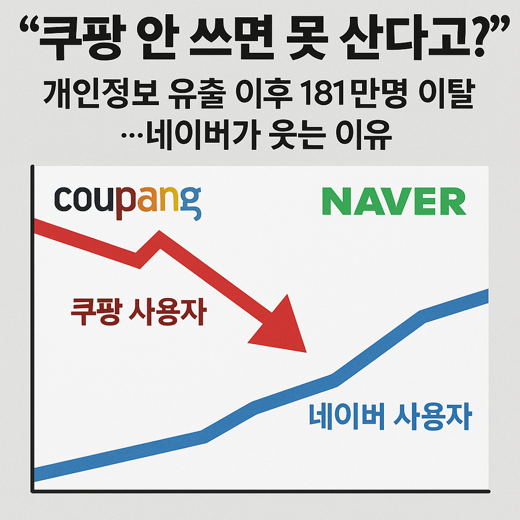 개인정보 유출 이후 쿠팡 사용자 감소와 네이버 증가를 비교한 뉴스형 그래프 이미지