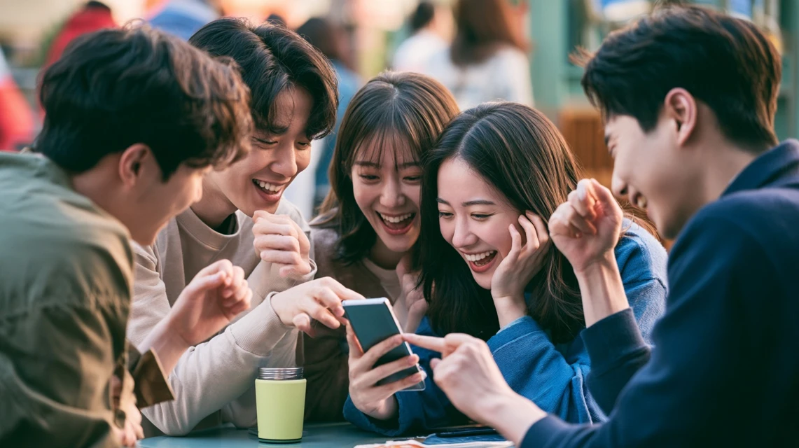 서로 다른 스마트폰을 들고 웃으며 이야기하는 사람들