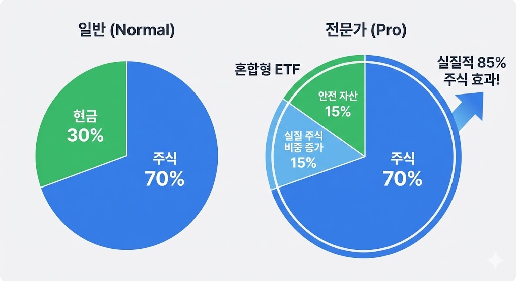 일반 투자자(주식 70%)와 고수(주식 85%)의 포트폴리오 원형 그래프 비교. 고수의 주식 파이가 훨씬 큼