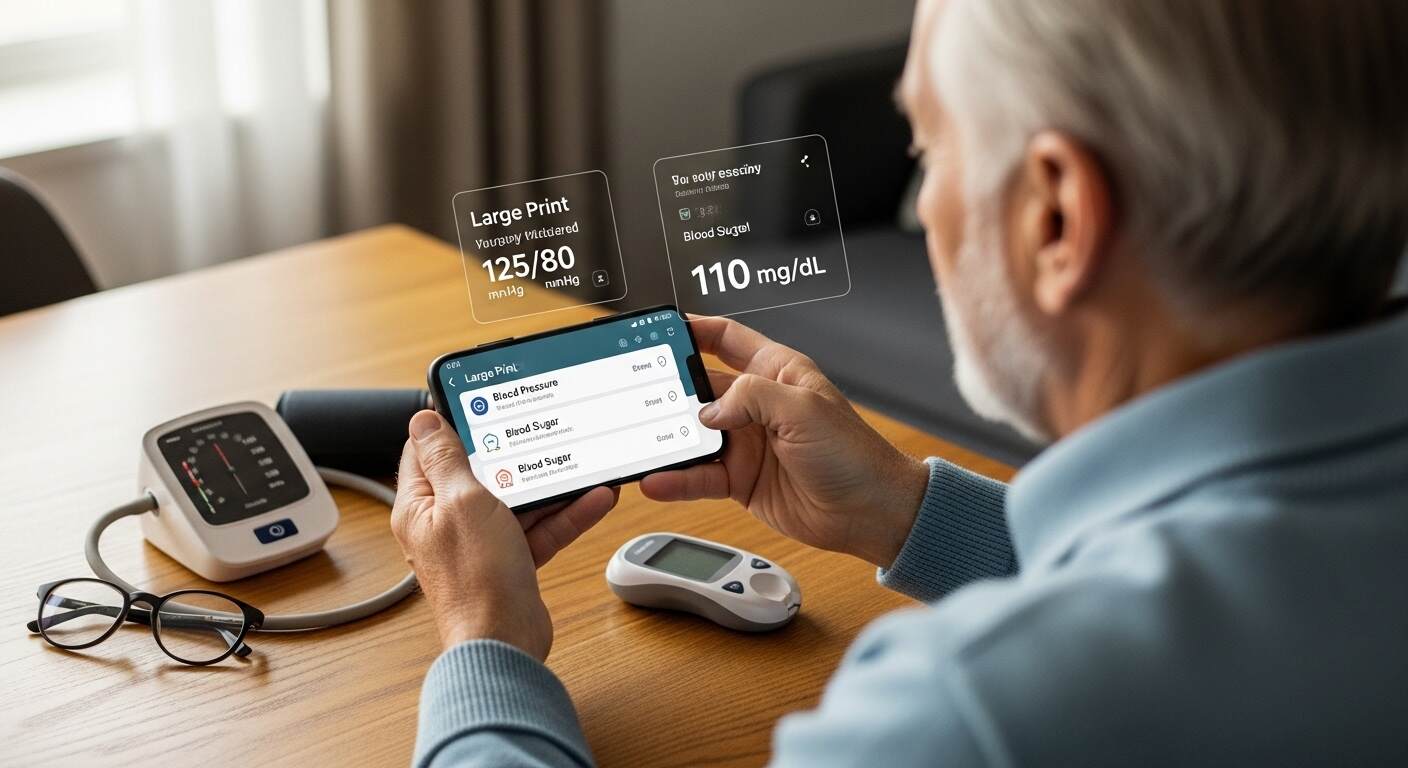 시니어가 큰 글씨 모드로 스마트폰 건강 앱에 혈압과 혈당을 기록하고 위젯으로 오늘의 수치를 확인하는 모습