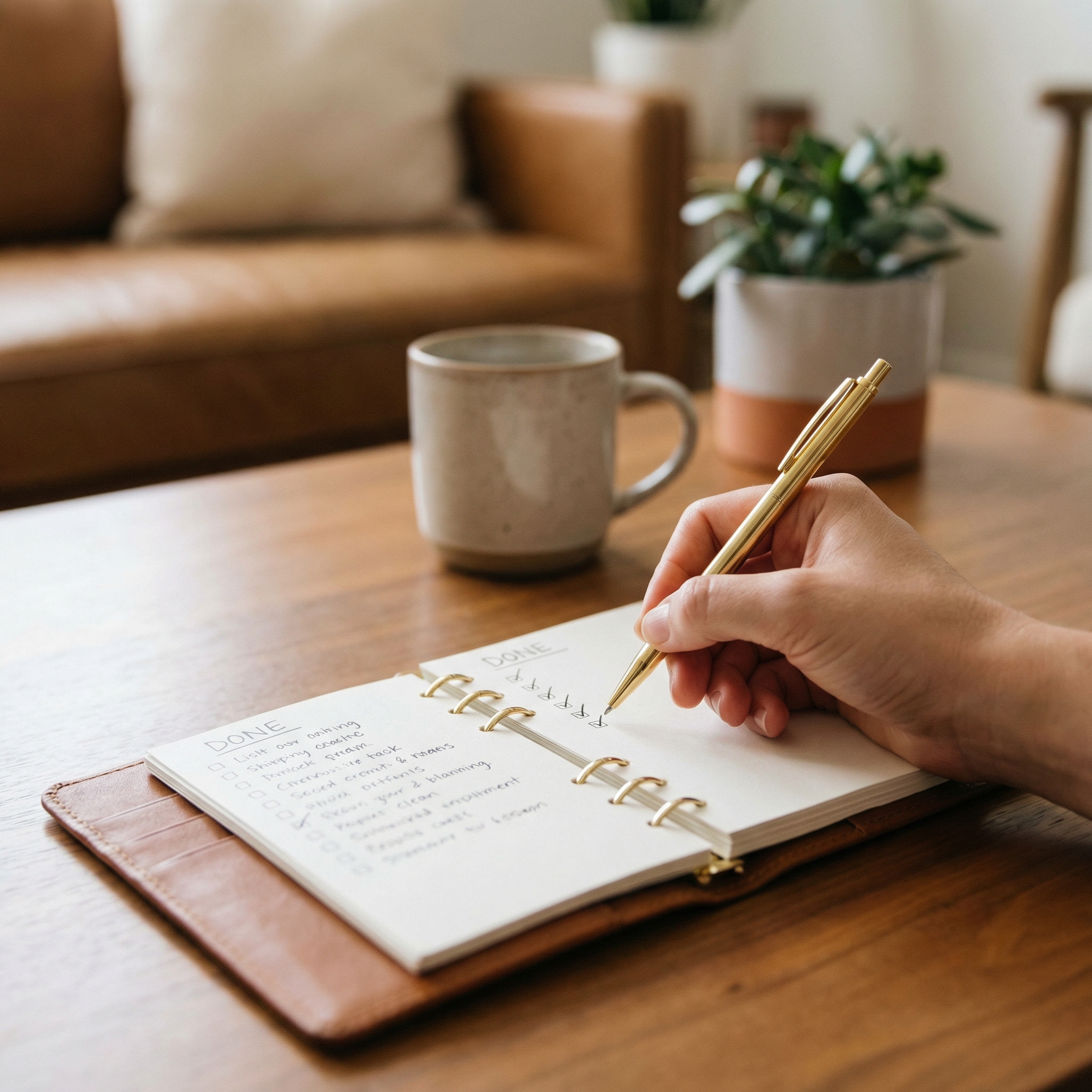 세련된 디자인의 다이어리 플래너에 오늘 수행한 아주 작은 습관의 체크박스를 펜으로 표시하는 손의 클로즈업 샷. 부드러운 배경 흐림 효과와 함께 작지만 확실한 성취감을 느끼는 순간을 포착한 8k 고해상도 라이프스타일 사