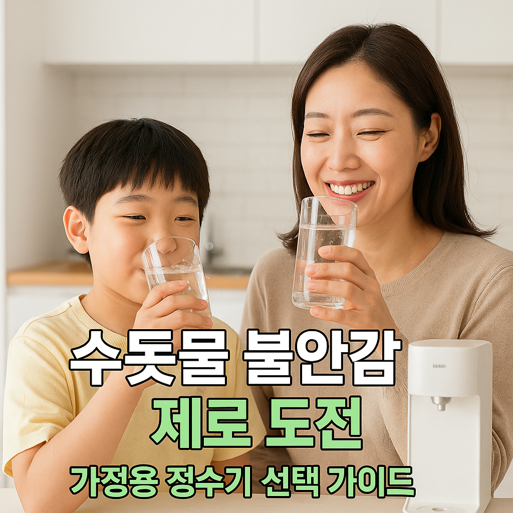 밝은 주방에서 정수된 물을 기분좋게 마시는 모자