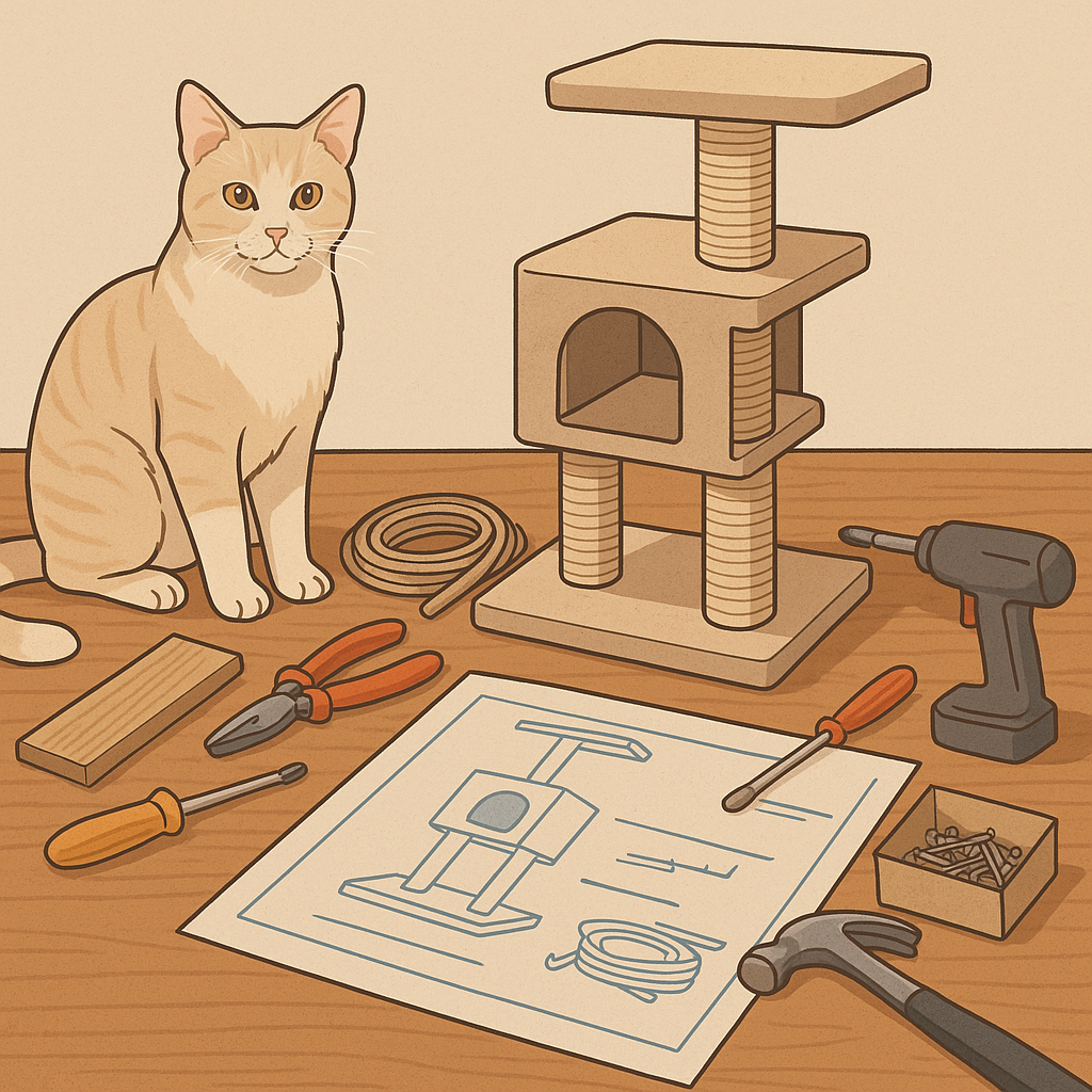 캣타워 만드는 것을 가만히 지켜보고 있는 고양이
