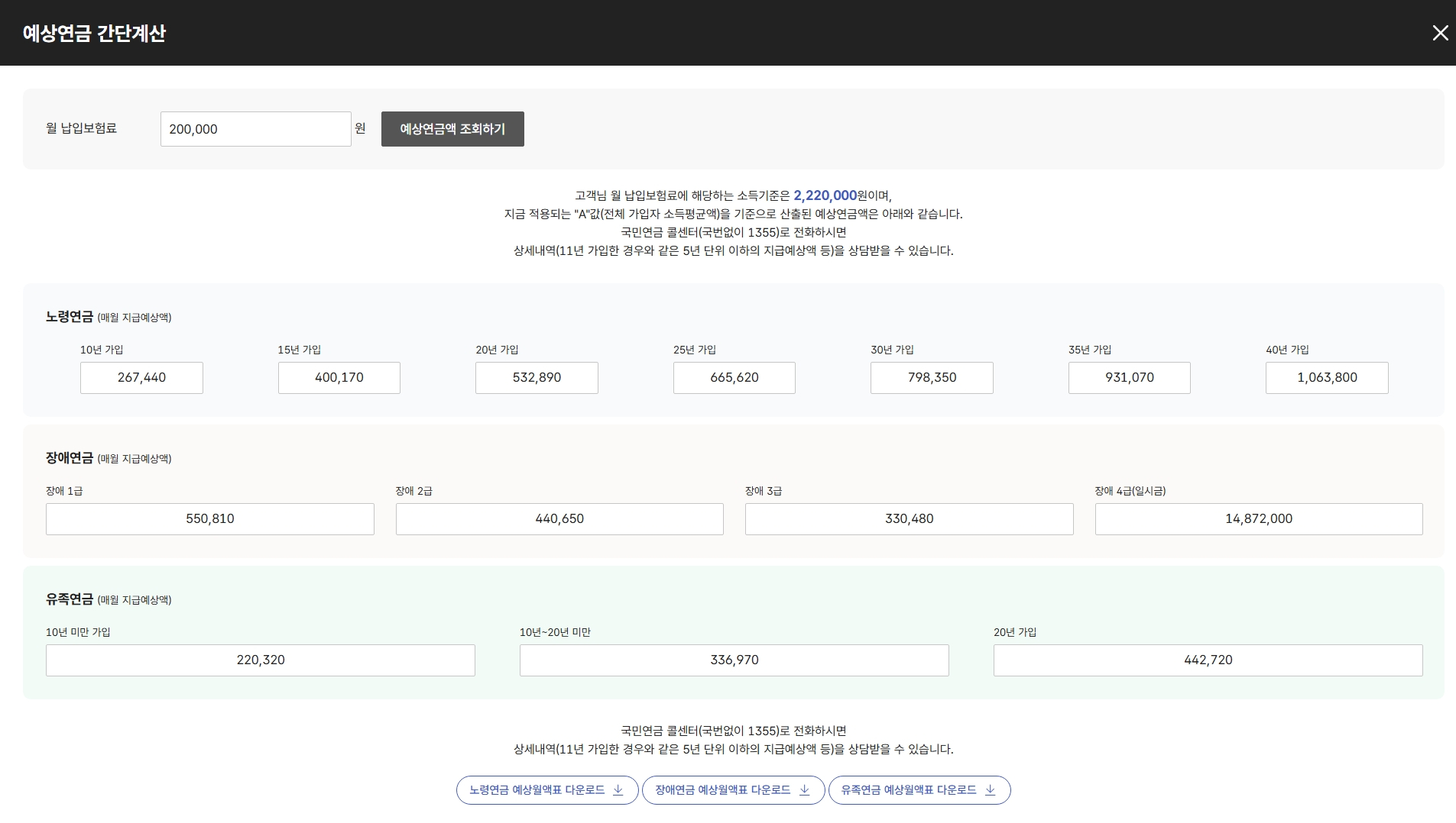 국민연금 예상 수령액 간단계산 결과