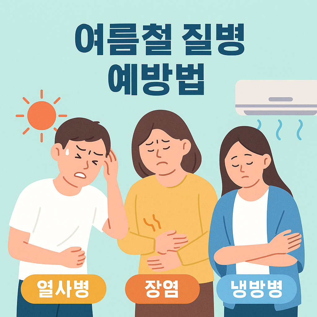 여름철 대표 질병인 열사병, 장염, 냉방병을 각각 캐릭터 일러스트로 표현한 인포그래픽 썸네일, 질병명을 하단에 명확하게 구분 표시