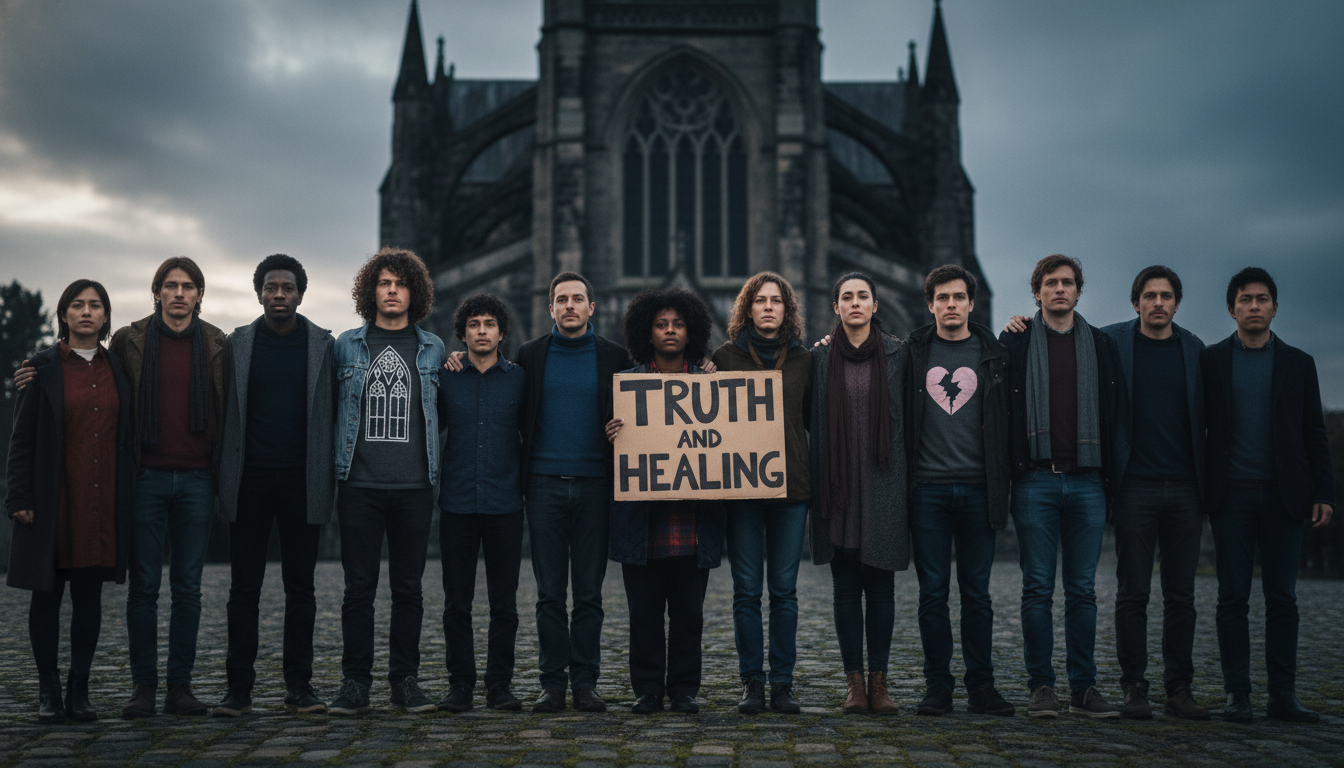 어둡고 위압적인 교회 건물 배경 앞에 다양한 사람들이 서로 기대어 서서, 결연하고 단호한 표정으로 공동의 어려움에 맞서는 모습을 담은 장면.