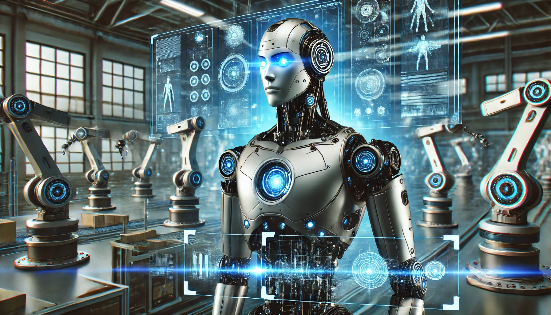 최첨단 AI 로봇이 제어실에서 조립 라인을 관리