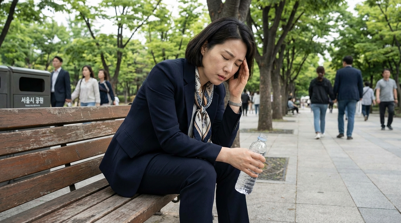 공복 운동 중 어지러움을 느껴 휴식을 취하는 여성의 모습