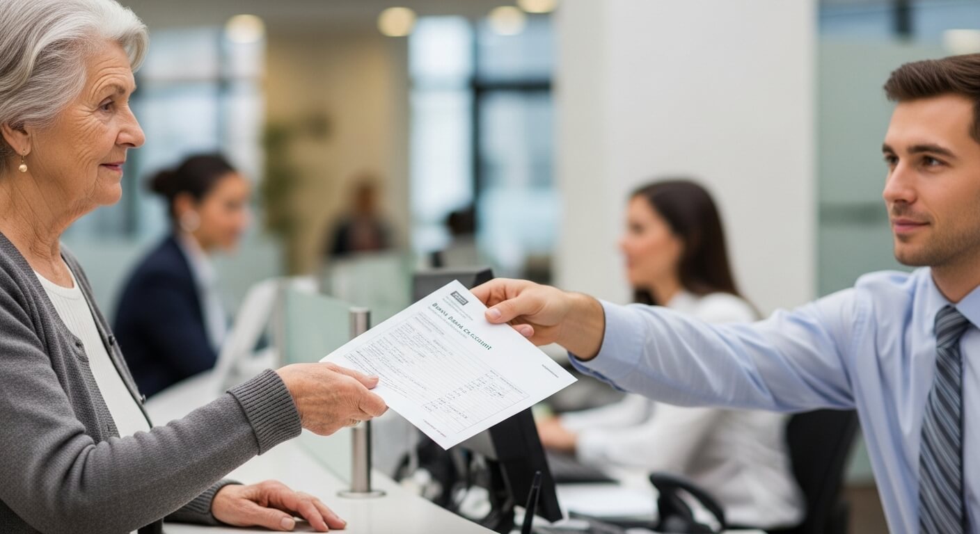 창구에서 고령 여성이 직원에게 서류를 받는 장면