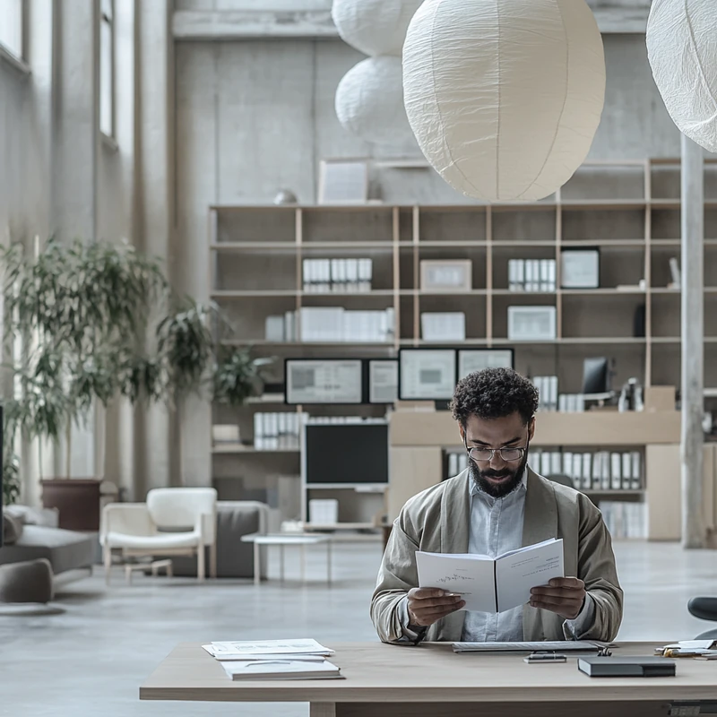 밝은 오픈 오피스에서 ETF 성과 보고서를 검토하는 금융 분석가의 집중된 모습. 현대적인 가구와 디지털 디스플레이로 둘러싸인 공간에서 정확한 분석의 순간을 포착하며, ETF 투자 변동성을 이해하는 데 중점을 둡니다. 관련 키워드로는 ETF 성과, 투자 분석, 집중된 검토가 포함됩니다.