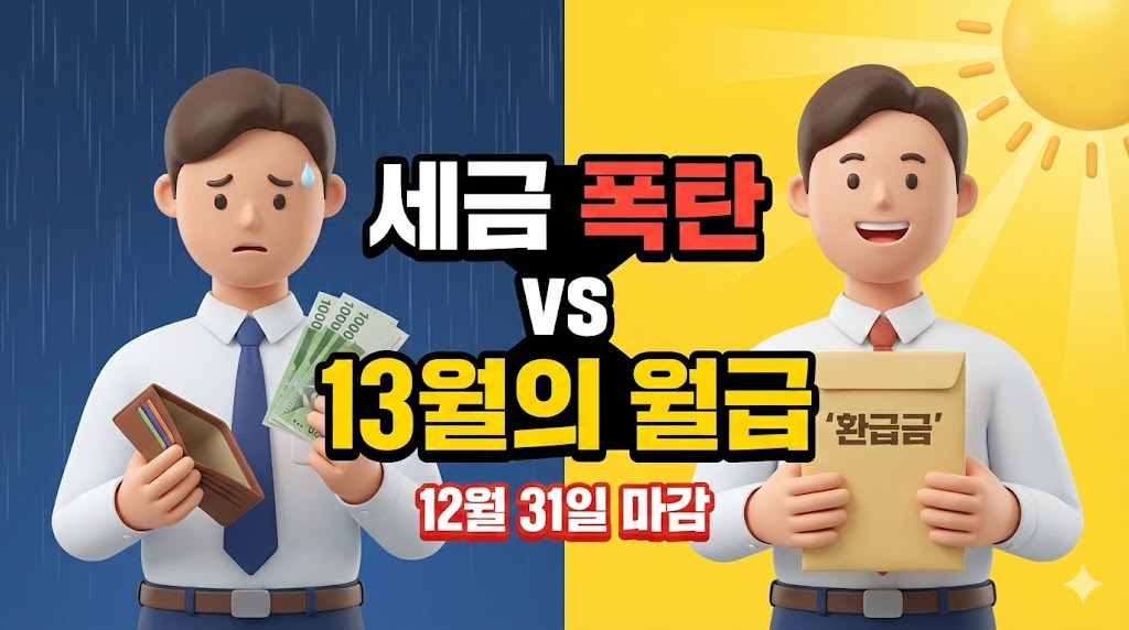 연말정산 결과에 따라 세금 폭탄과 환급금으로 운명이 갈리는 직장인의 대조적인 모습