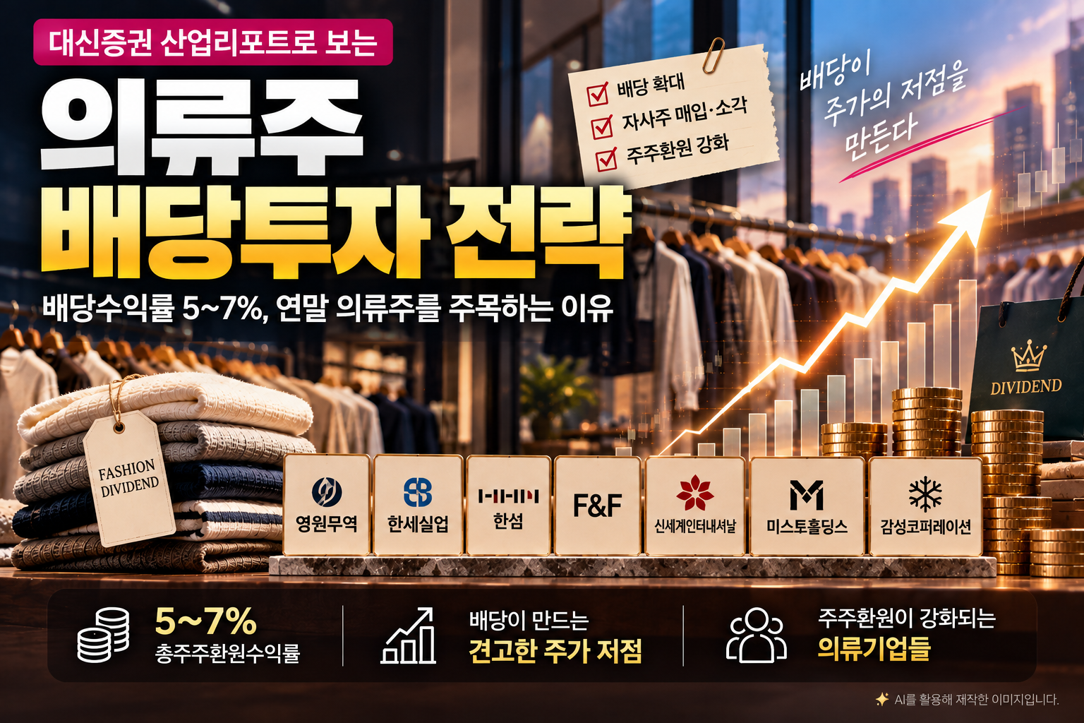 의류주 배당투자 전략과 배당수익률 5~7%, 자사주 매입·소각 등 주주환원 확대를 표현한 이미지