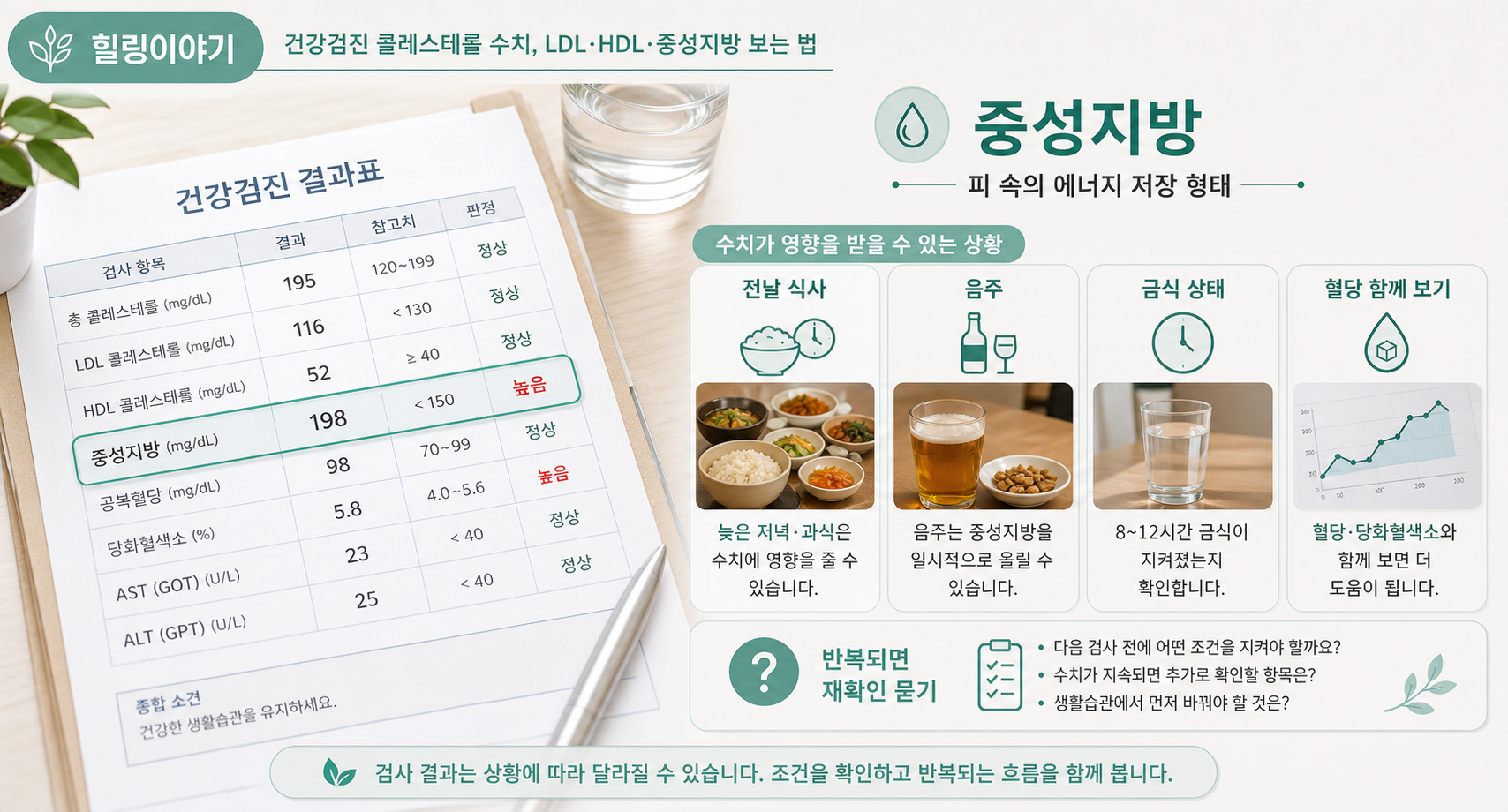 중성지방 건강검진 수치를 전날 식사 음주 금식 상태 혈당과 함께 보는 이미지