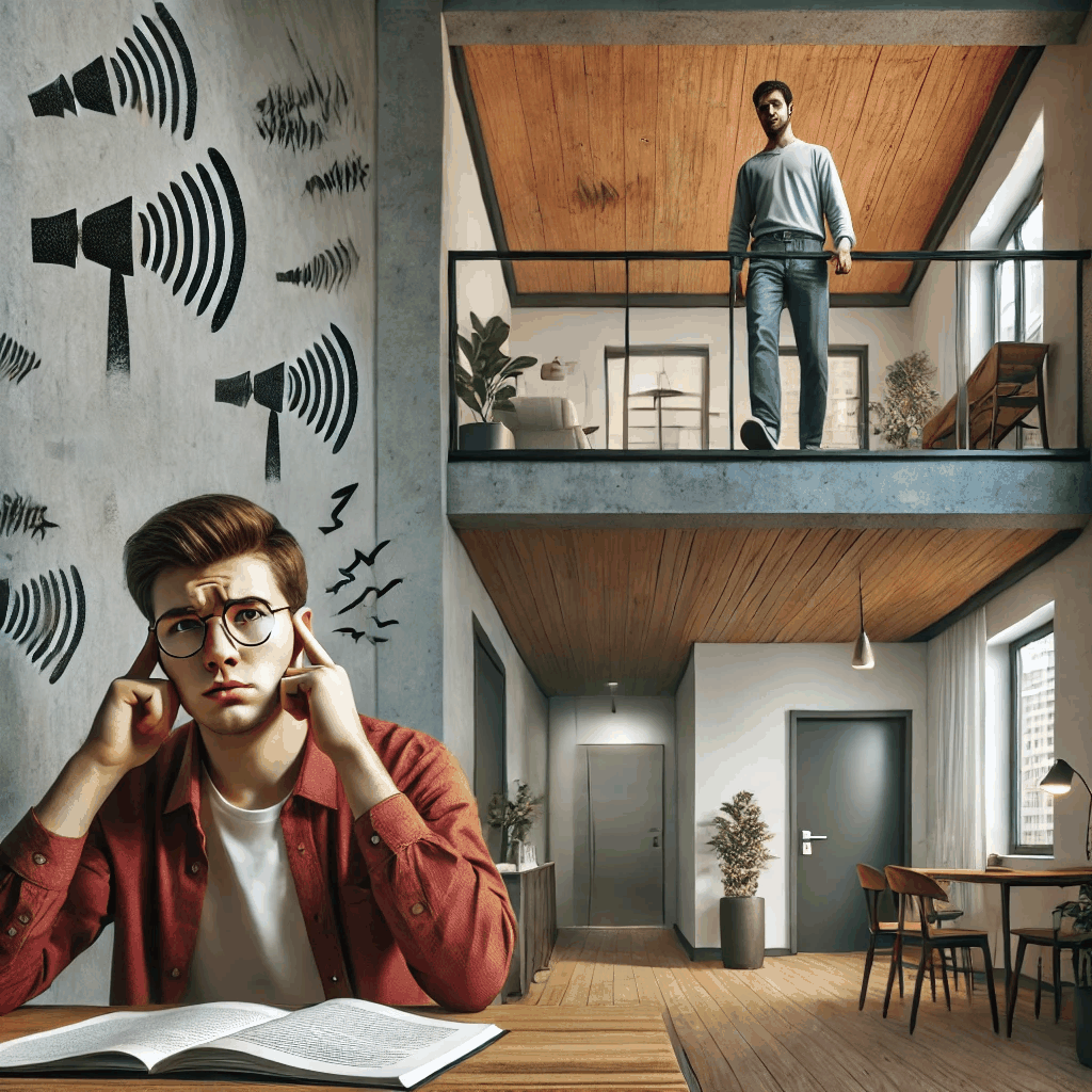 층간소음에 시달리는 대학생과 위층의 소음 원인을 사실적으로 묘사한 도시 아파트 장면