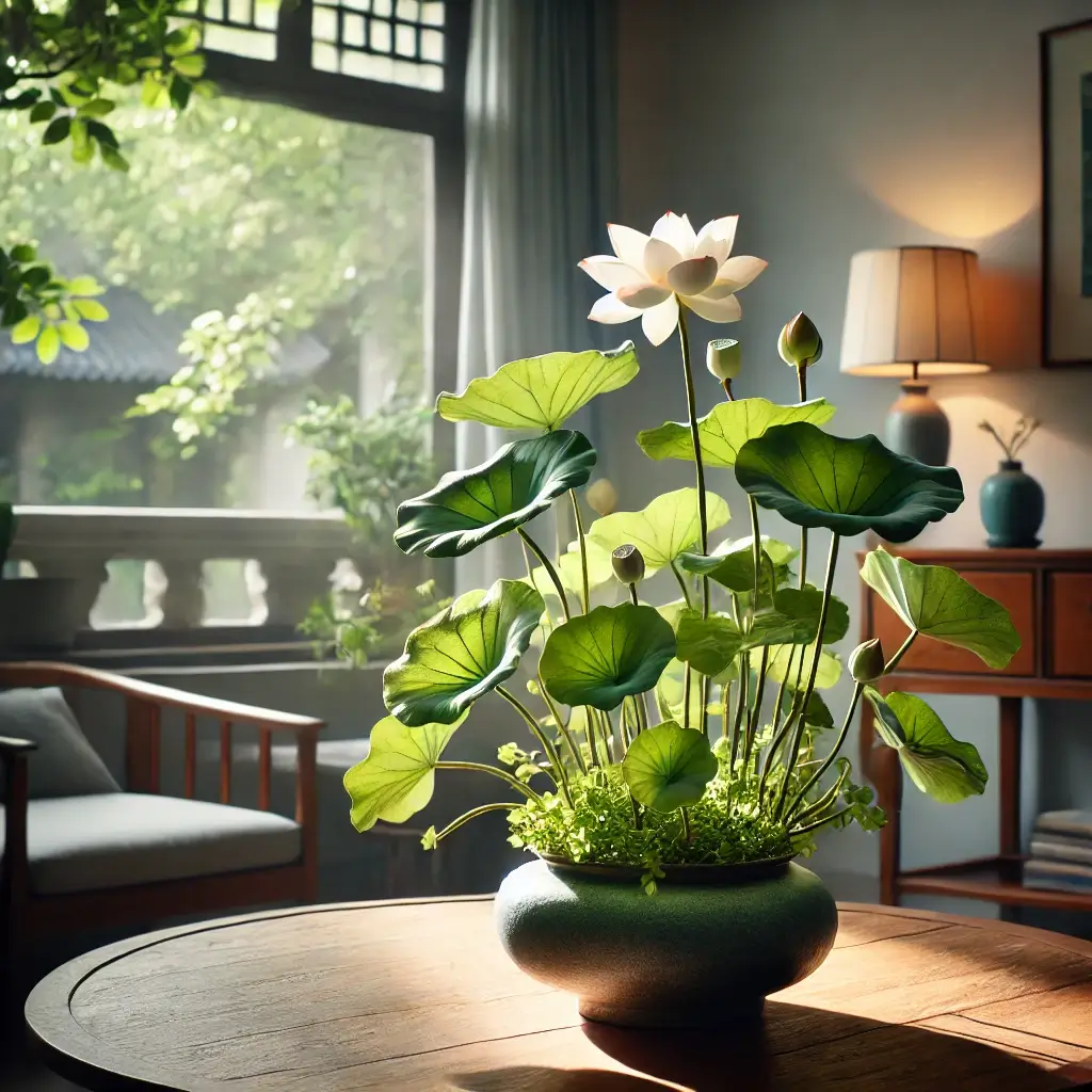 햇빛이 비치는 창가에 놓인 세라믹 화분 속 연꽃 재배 모습.