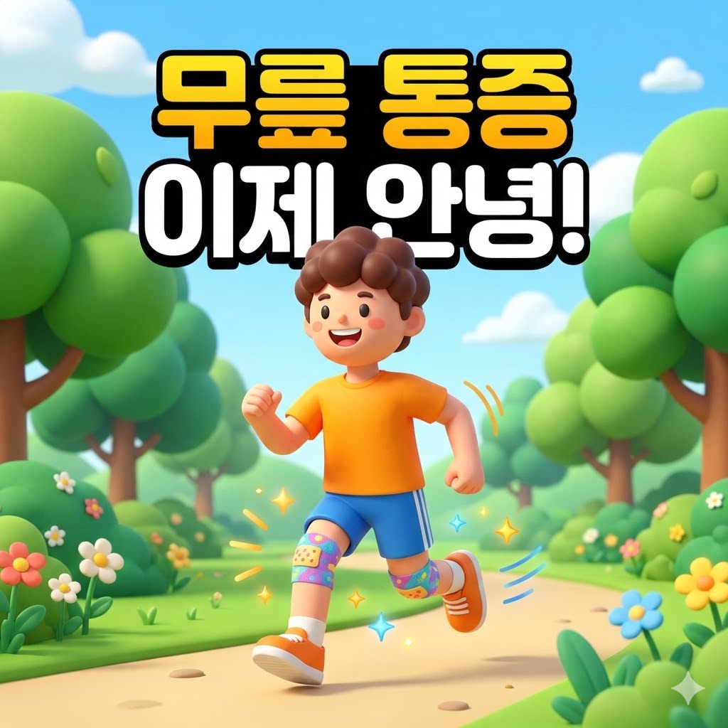 웃으며 달리는 건강한 무릎을 가진 캐릭터가 활기찬 공원에서 운동하는 모습, 무릎 통증 예방 및 완화를 상징하는 밝고 긍정적인 이미지