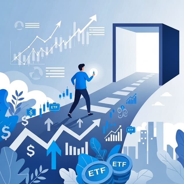 밝고 희망찬 푸른색 배경 위에서 경제적 자유를 향해 나아가는 사람의 모습. 다양한 금융 지표와 성장 그래프가 어우러져 성공적인 ETF 투자를 통한 재정적 성장을 상징합니다.
