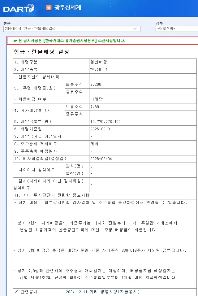 광주신세계(037710) 2025년 배당
