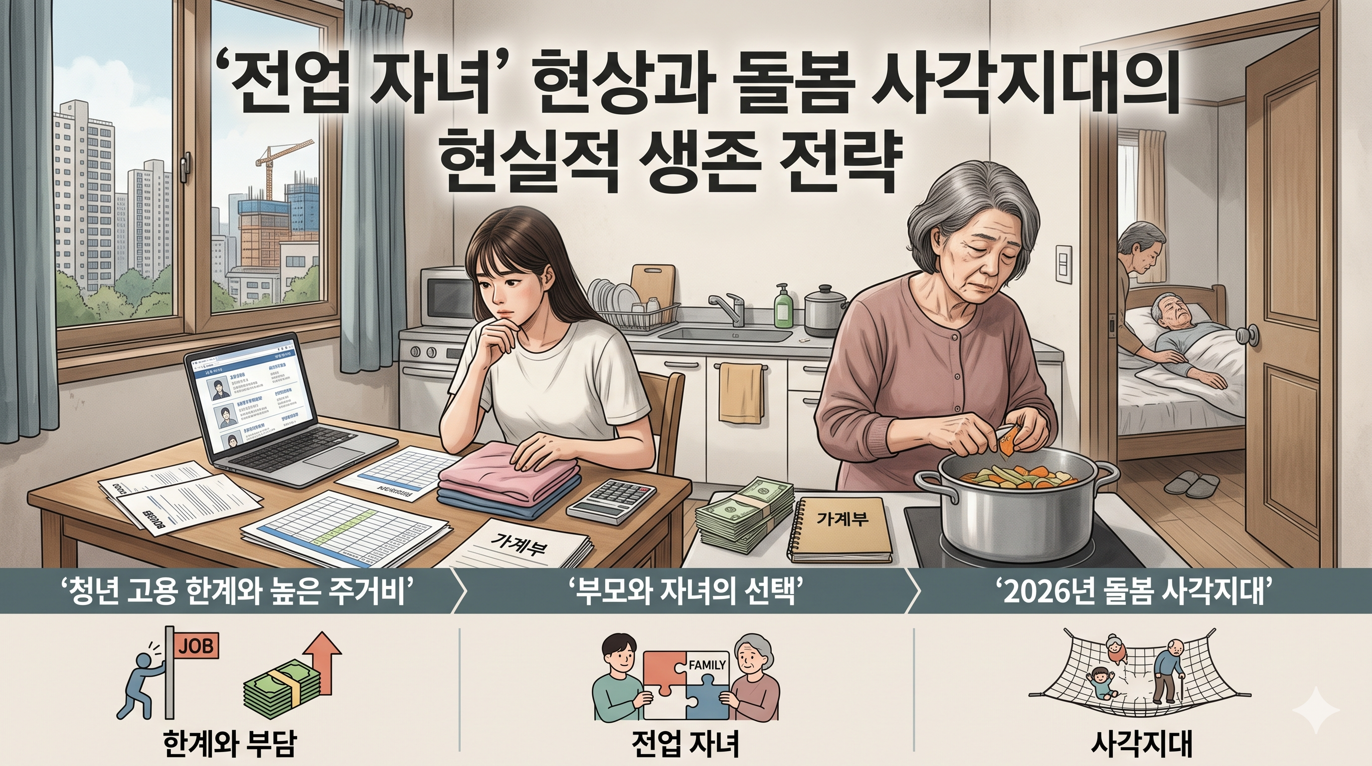 청년 고용 한계와 높은 주거비 속에서 부모와 자녀가 선택한 전업 자녀 현상과 2026년 돌봄 사각지대의 현실적 생존 전략