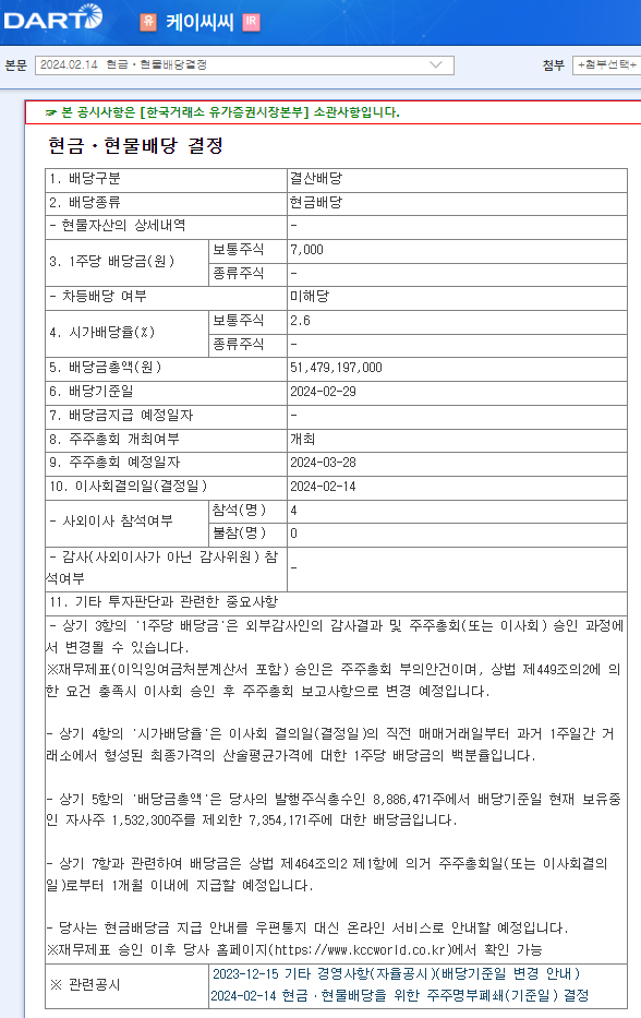 KCC 002380 배당금 배당일 배당 공시