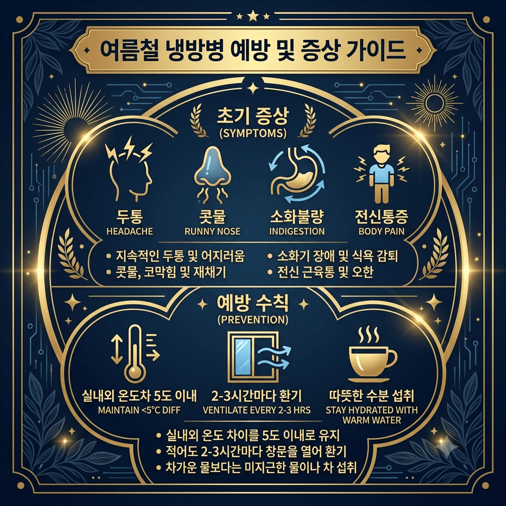 여름철 에어컨 사용으로 인한 냉방병의 주요 증상과 자가 진단 및 실내 적정 온도 예방 가이드 인포그래픽