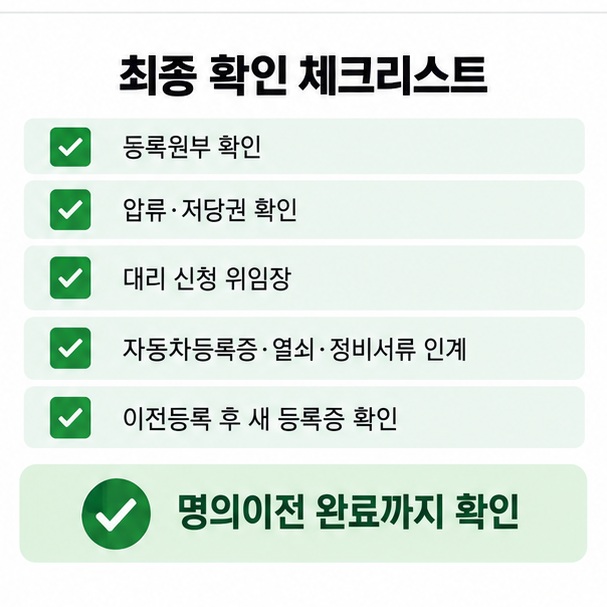 명의이전 전 압류 저당권 확인, 양도증명서 작성, 위임장 준비, 이전등록 완료 후 등록증 확인 체크리스트 이미지
