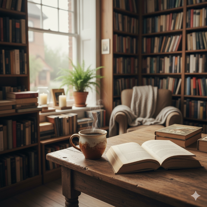 책과 커피, 아늑한 서점 내부 사진