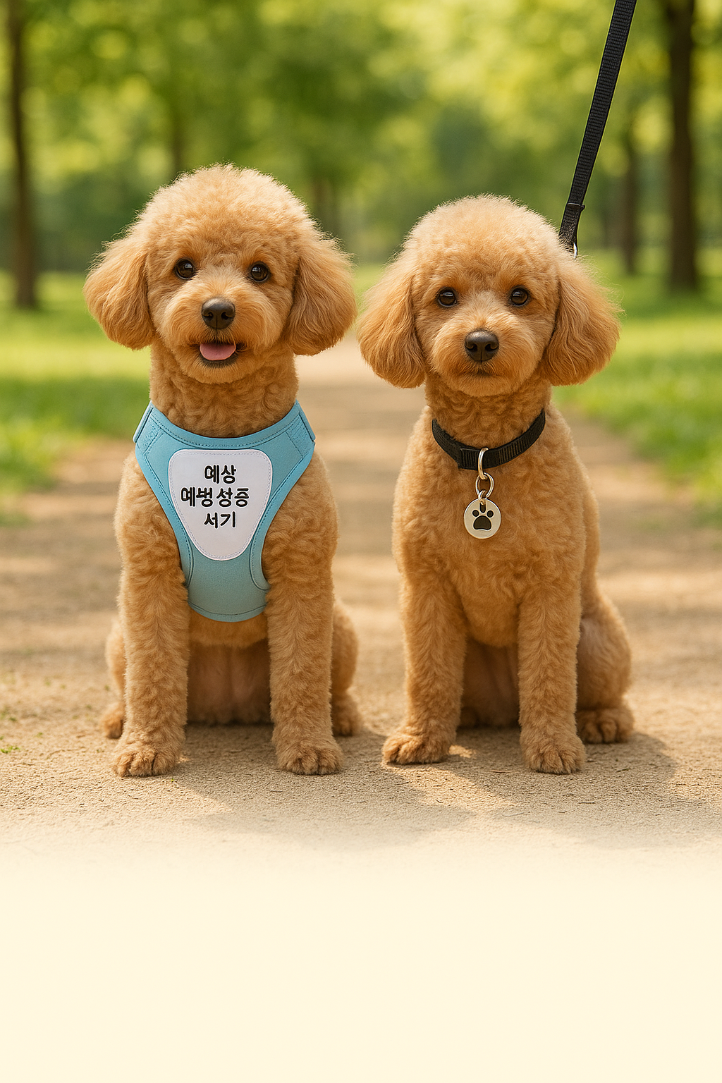 한마리는 하네스,한마리는 목줄을 하고 있는 모습 비교