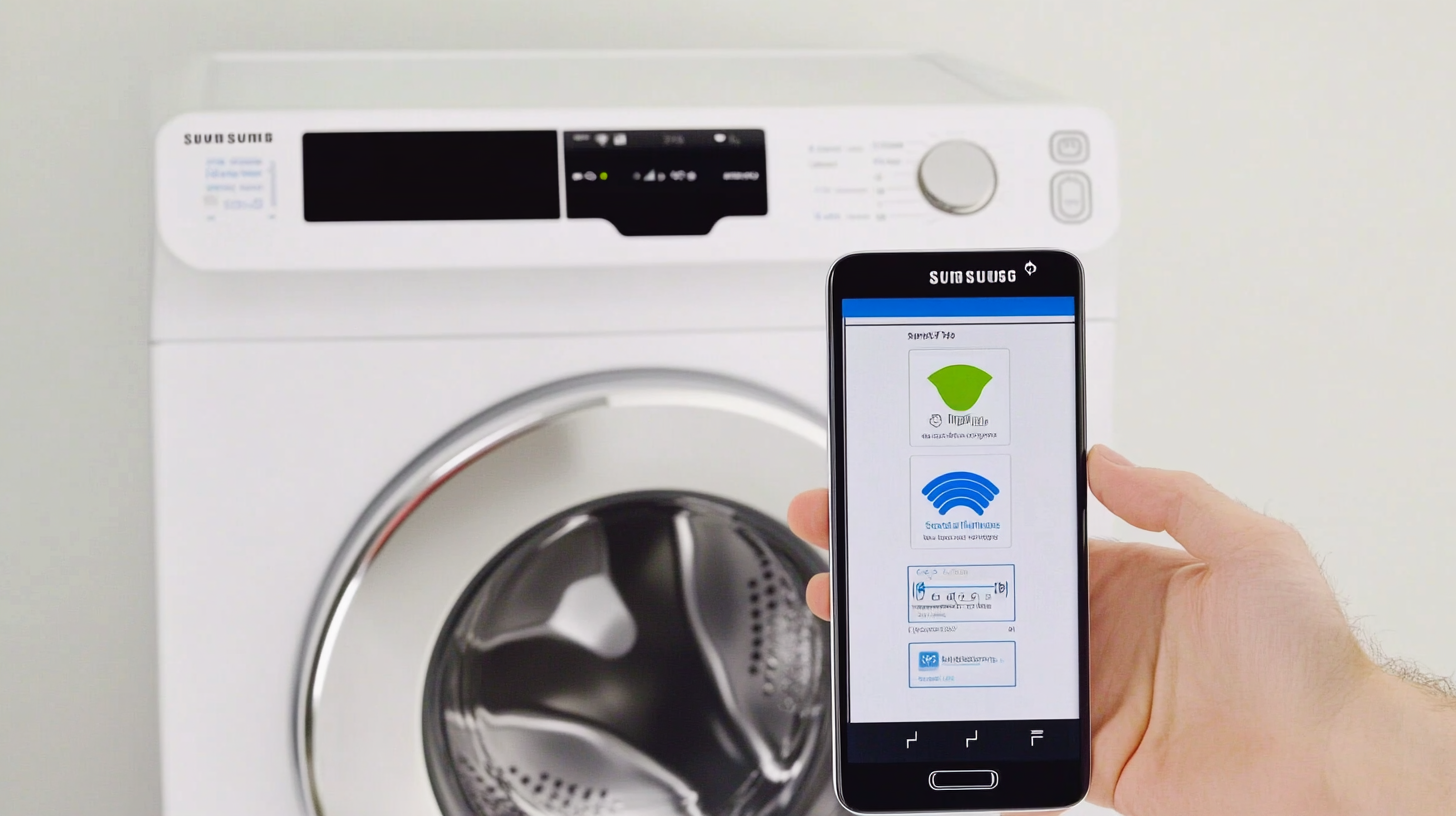 혁신적인 스마트싱스 연동으로, 미래형 디지털 인터페이스를 통해 원활한 스마트폰 제어가 가능한 삼성 세탁기 이미지.