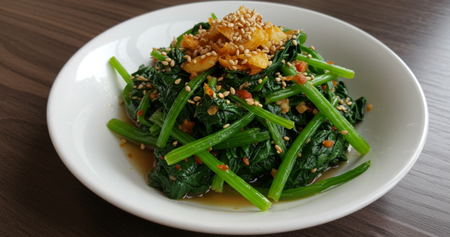 향긋하고 고소한 시금치나물 무침이 접시에 담겨 있는 모습