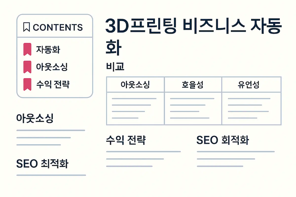 3D프린팅 비즈니스 자동화, 아웃소싱, 수익전략을 표와 목차, 주요 내용, SEO 최적화 구조로 정리한 블로그 이미지