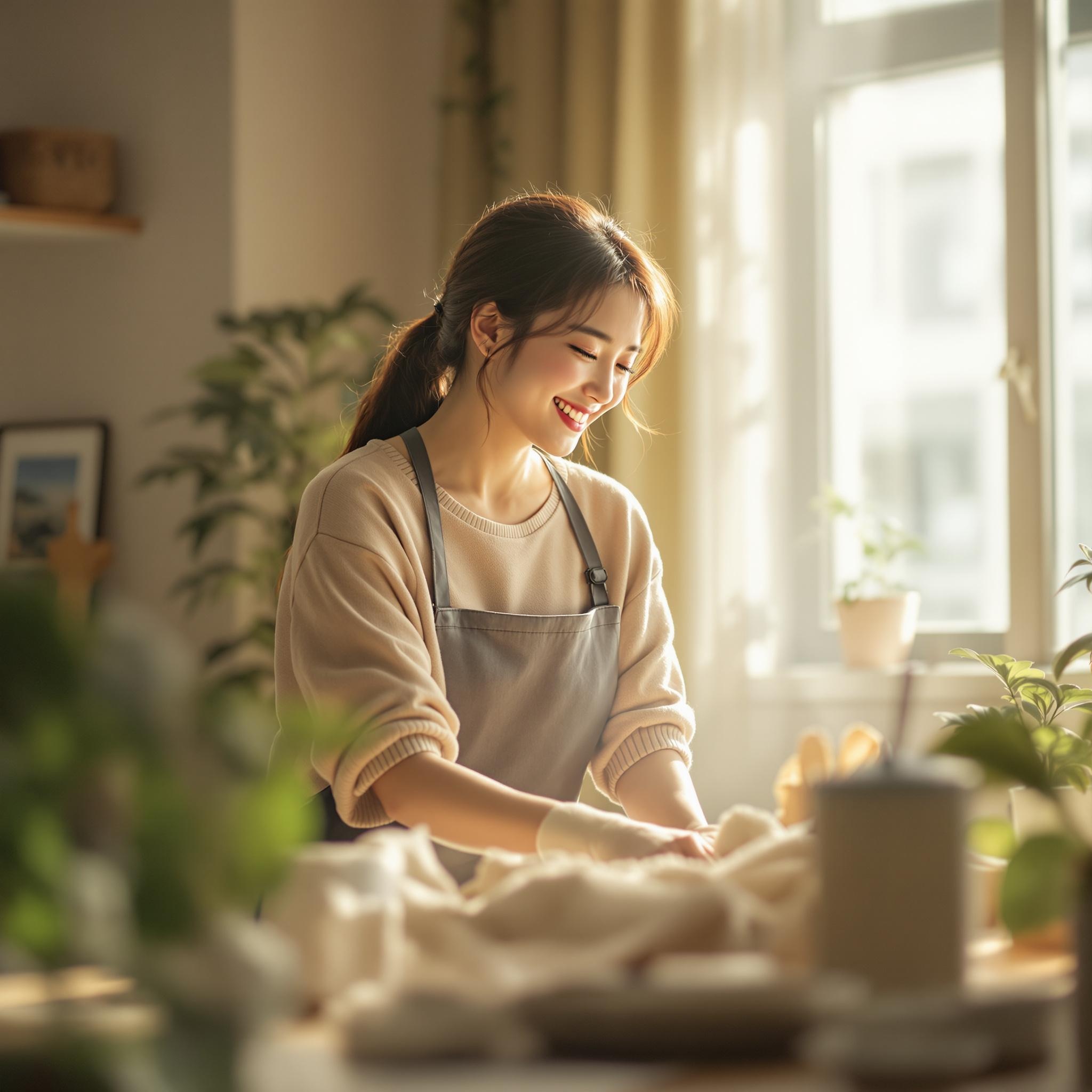 거실 청소하며 즐거워하고 있는 주부