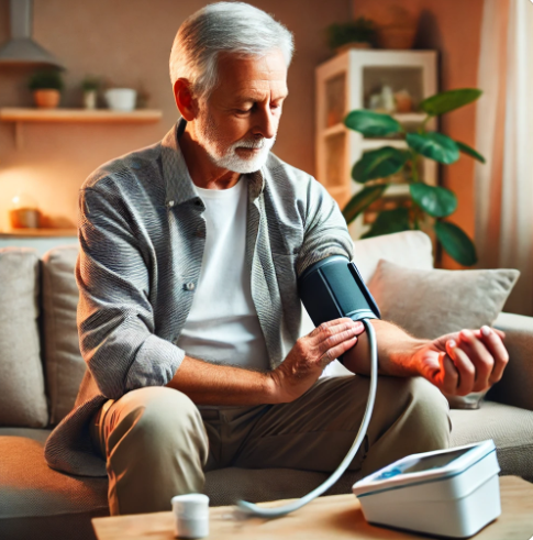 남성 노인이 혈압관리를 위해 혈압측정을 하고 있는 모습