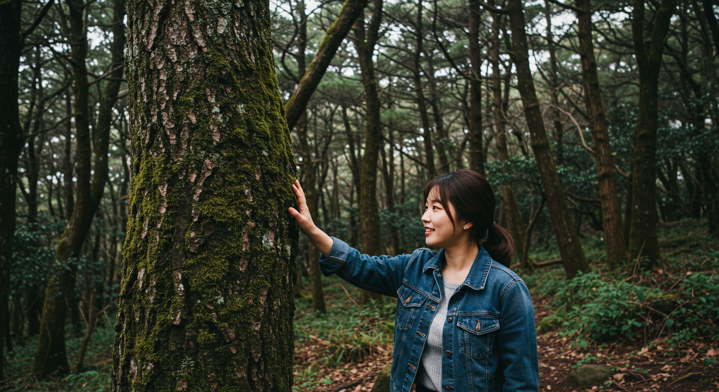 제주의 숲속에서 이끼 낀 나무줄기를 만지는 한국인 여성의 손