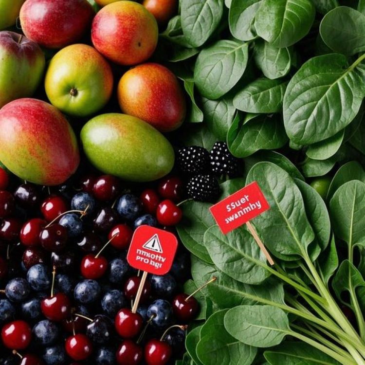 한쪽에는 달콤해 보이는 과일들(망고, 포도, 체리)이 경고 표시와 함께 어둡게 표현되고, 다른 한쪽에는 시금치, 케일 등의 녹색 채소들이 위험 신호와 함께 배치된 구성. 중앙에는 건강한 저당 베리류와 안전한 채소들이 밝은 빛을 받으며 배치되어, 선택의 중요성을 시각적으로 강조하는 이미지