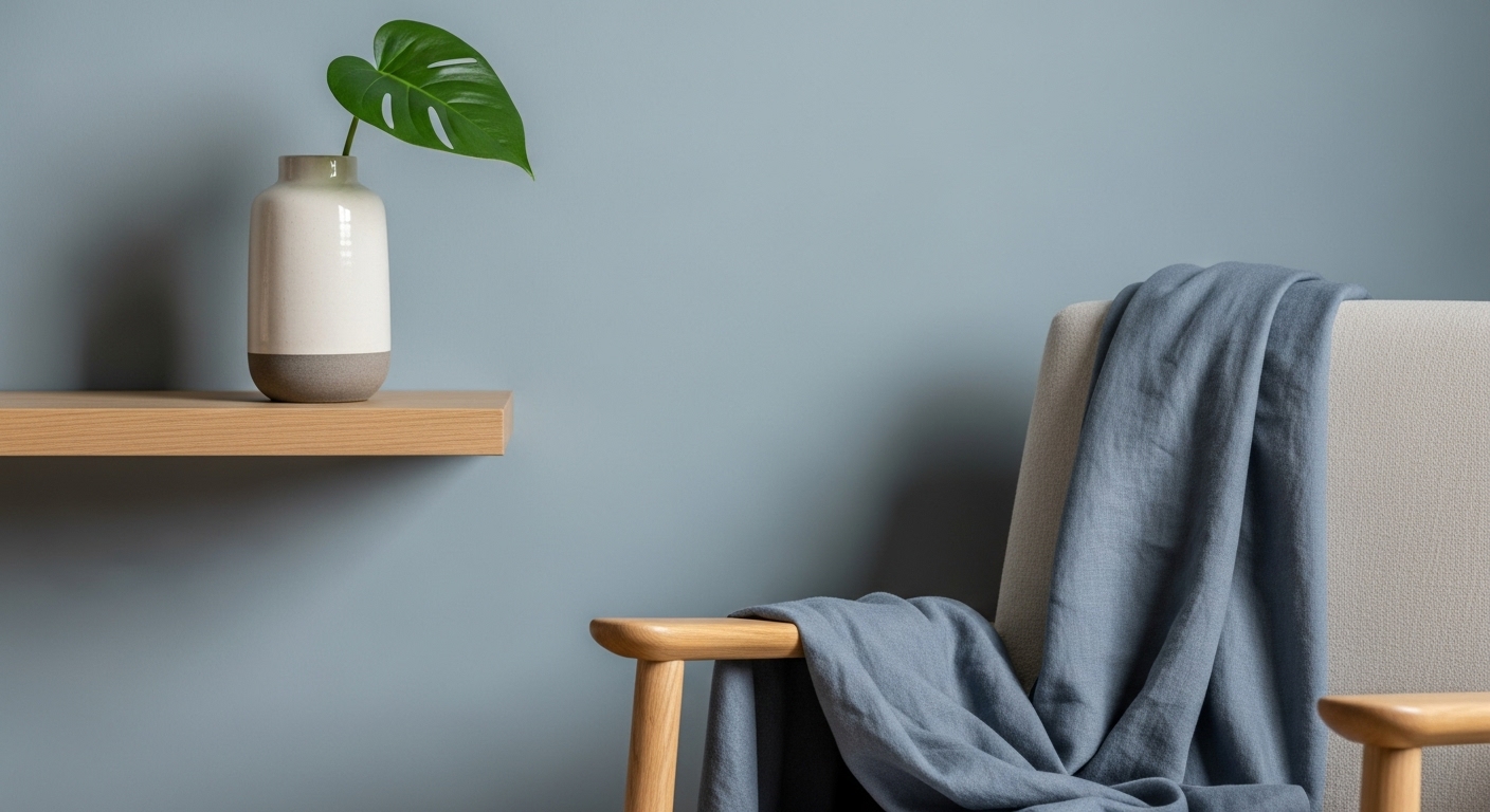 블루-그레이 벽면에 놓인 원목 선반 위, 푸른 식물이 담긴 세라믹 화병. 자연 친화적 소재와 컬러가 조화를 이루는 2025년 미니멀 인테리어 디테일.