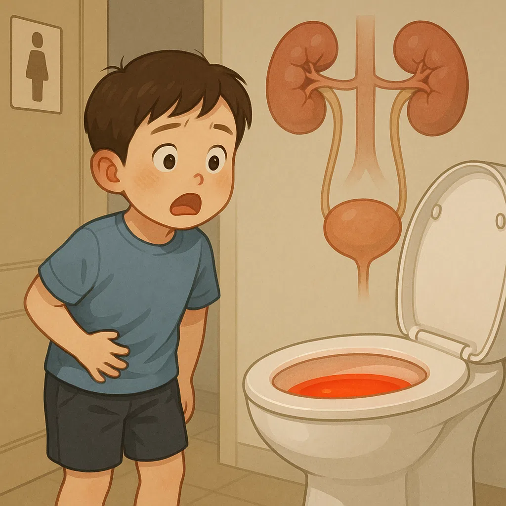 어린이가 화장실 앞에서 놀란 표정으로 붉은 빛 소변을 바라보는 모습