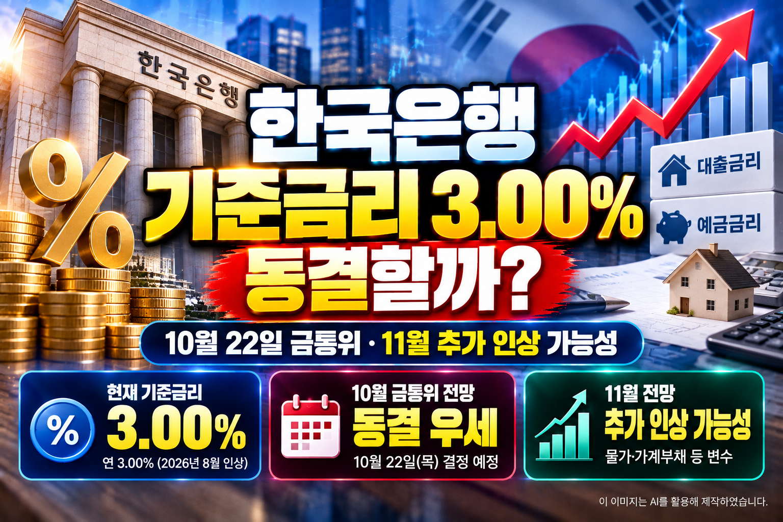 2026년 10월 22일 한국은행 금융통화위원회 기준금리 결정 전망, 현재 기준금리 연 3.00%와 10월 동결 가능성, 11월 추가 인상 전망 및 주택담보대출·예금금리에 미치는 영향을 정리한 대표 이미지.