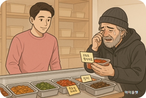 어느 겨울, 한 노숙인이 도시락을 받고, 눈물을 흘리며 말했다.