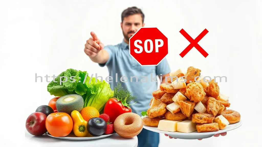 왼쪽에는 싱생한 채소와 과일이 놓여 있고, 오른쪽엔 트랜스지방이 함유된 가공식품이 놓여 있고, 그 중앙에 남성이 서 있는 모습.