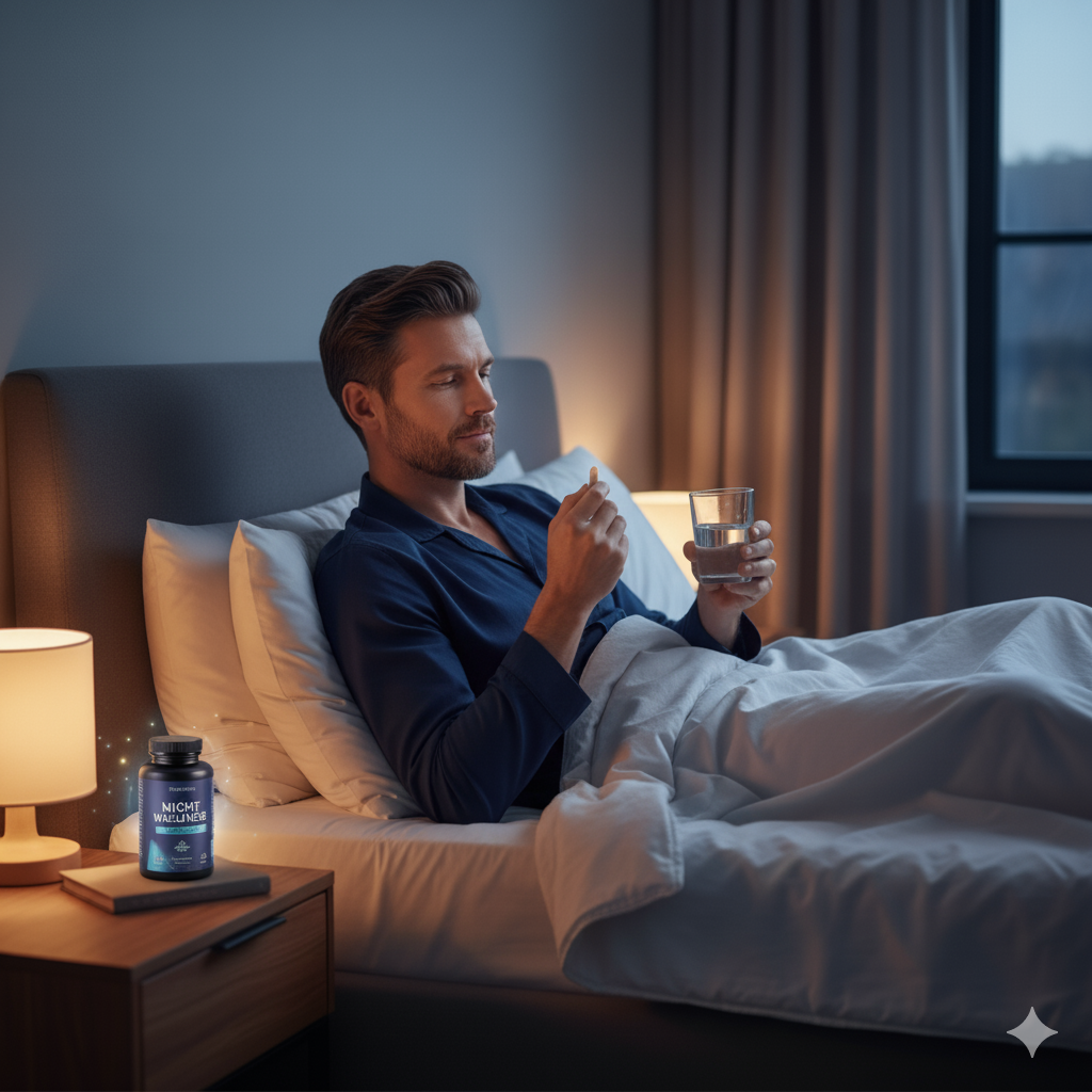 수면을 위해 침대에 누워 수면 보조제를 섭취하는 사람