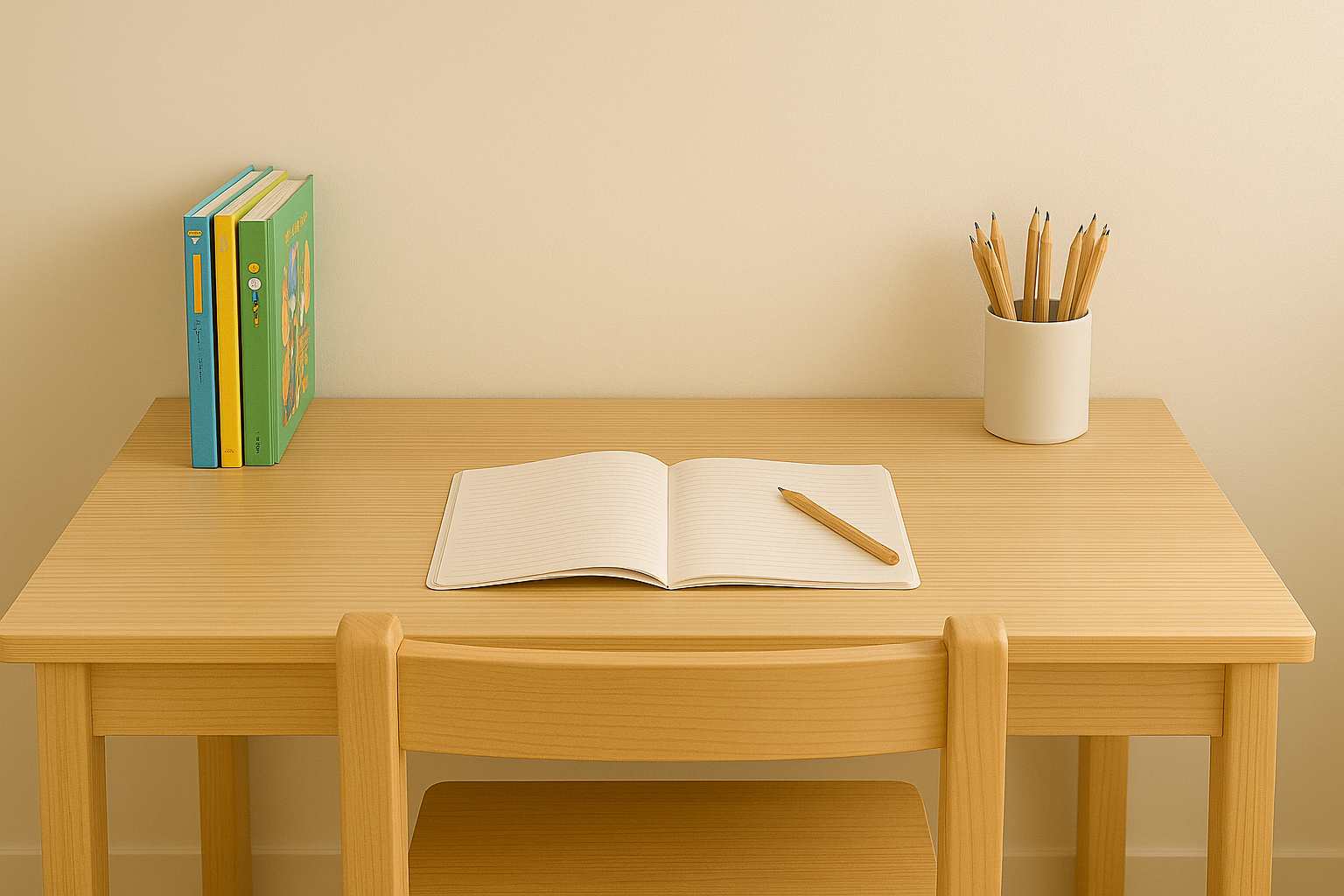 책상 위가 깔끔하게 정리된 아이 공부방