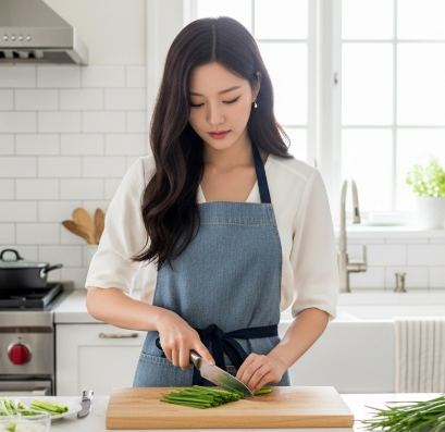 깨끗하게 씻은 부추를 도마 위에서 4~5cm 길이로 가지런히 썰고 있는 모습