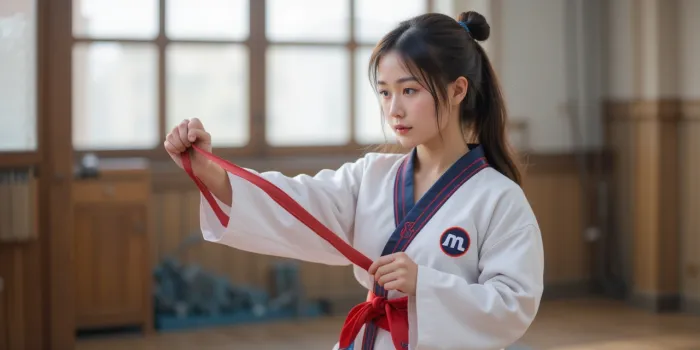 태권도장에서 빨간띠를 연습하는 어린 소녀