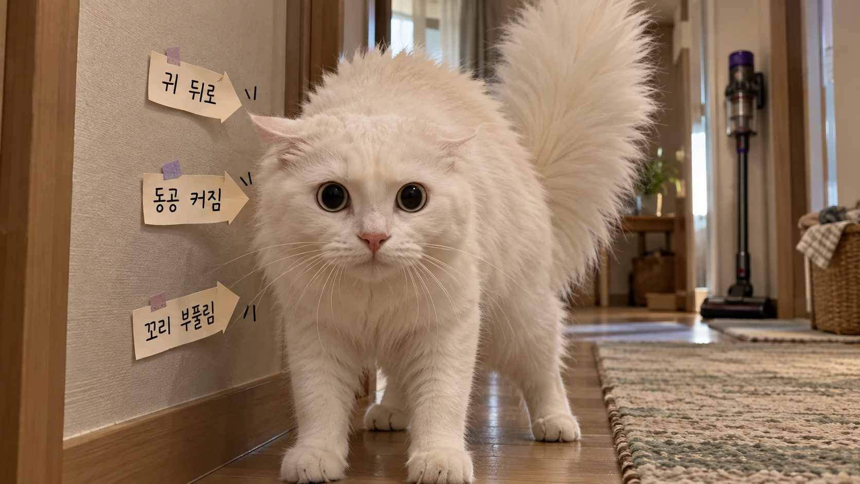 귀를 뒤로 젖히고 동공이 커진 흰 고양이 얼굴과 부푼 꼬리