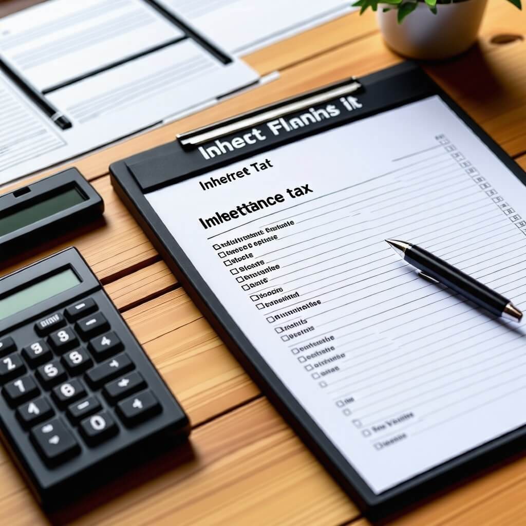 재산 목록: 다양한 자산(주식, 부동산, 예금 등)이 나열된 목록이 있는 이미지. 상속세 계산의 기초가 되는 자산 목록을 나타낸다.