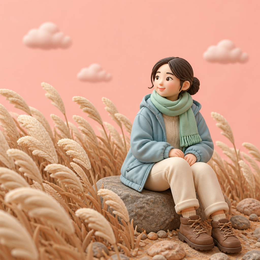억새 능선에서 바람막이를 입고 쉬는 성글이